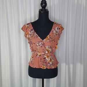 Gypsies & Moondust XS Pink Floral Peplum Top Rayon Juniors Boho Festival Cottage